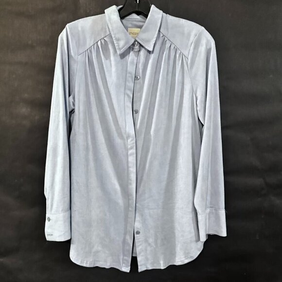 Chicos Size 0 Medium Button Up Blouse Faux Suede Light Baby Blue - Picture 1 of 8